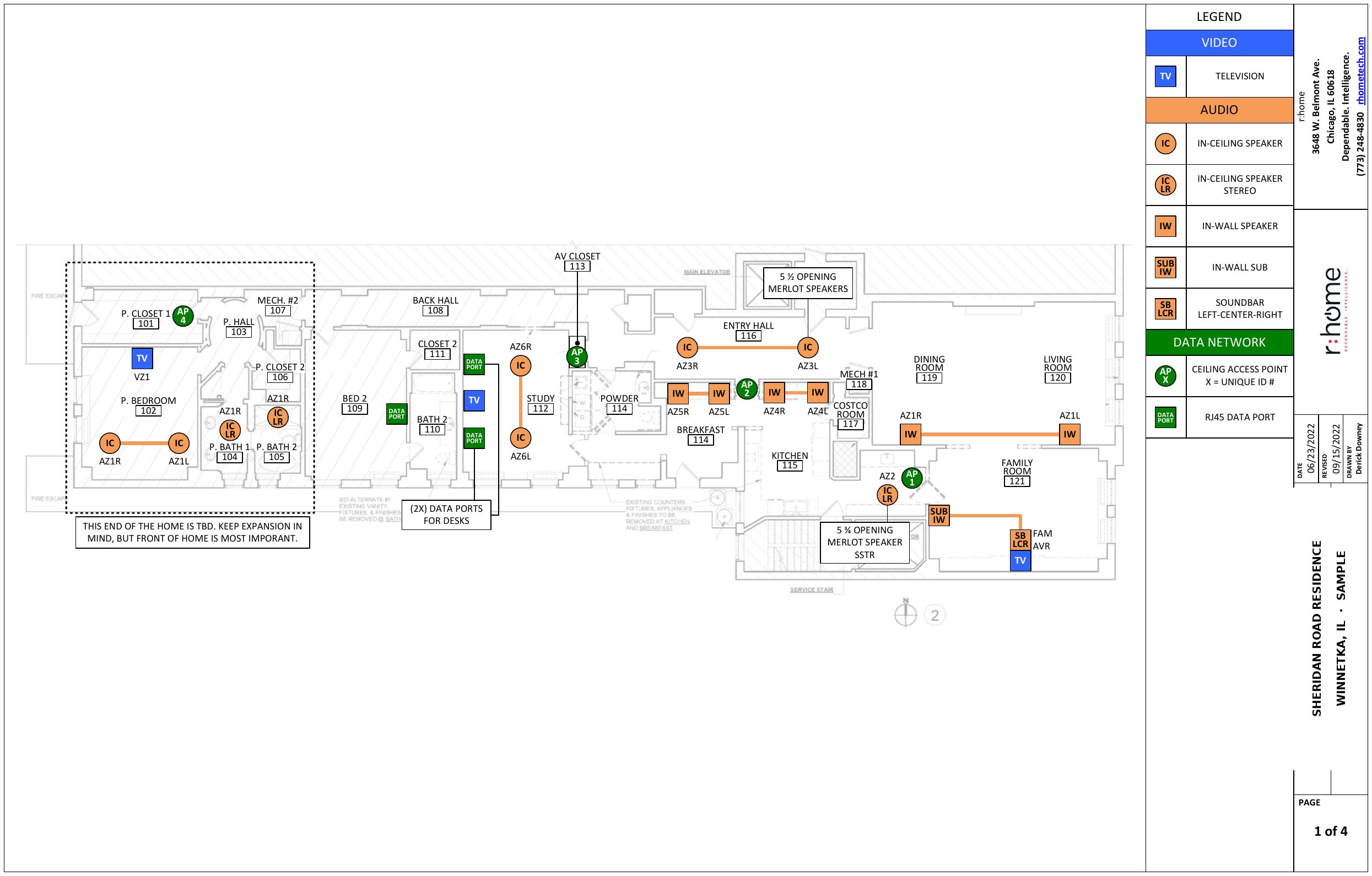 Sample r:home low-voltage plan with audio, video, and network devices marked on the floor plan
