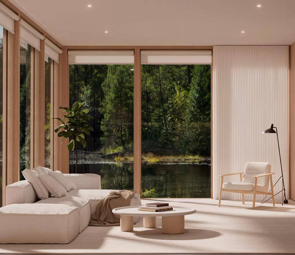 Motorized shades and drapery in a living room