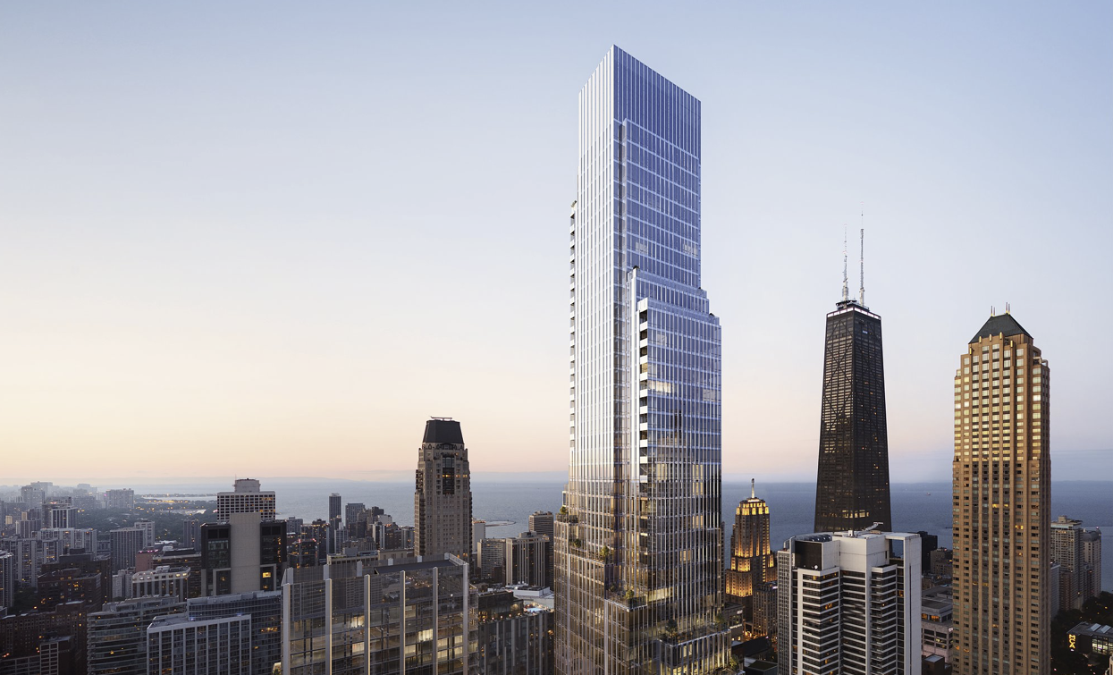 The One Chicago tower at dusk over River North