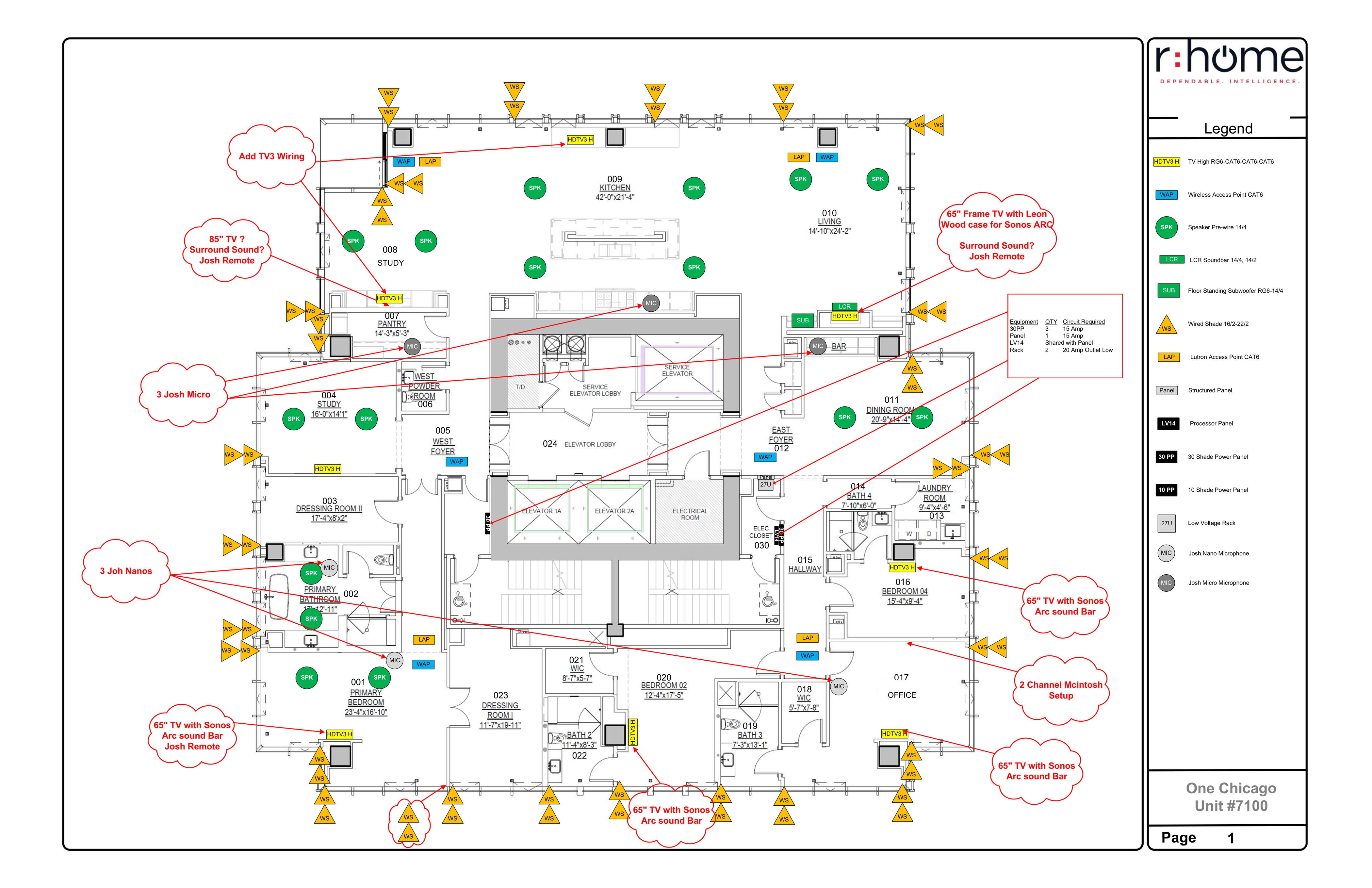 Low-voltage floor plan of the unit with device locations and legend
